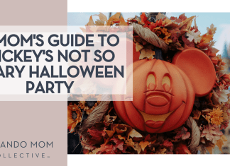 A Mom’s Guide to Mickey’s Not So Scary Halloween Party Aiden Craver via Unsplash Mickey pumpkin wreath in Magic Kingdom with Cinderella castle behind it with words 'a mom's guide to Mickey's Not So Scary Halloween Party' on the left