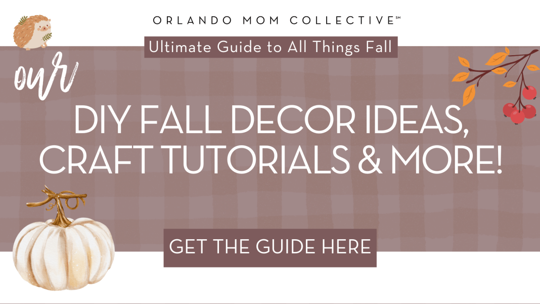 brown and tan gingham with cream pumpkin, hedgehog and branch with orange and red leaves with words "our diy fall decor ideas, craft tutorials & more"
