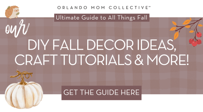 brown and tan gingham with cream pumpkin, hedgehog and branch with orange and red leaves with words "our diy fall decor ideas, craft tutorials & more"