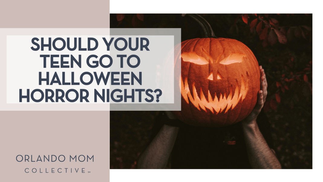 Should Your Teen Go to Halloween Horror Nights Rick Monteiro via Unsplash person holding a glowing carved pumpkin in front of their face "should your teen go to halloween horror nights?' on the left