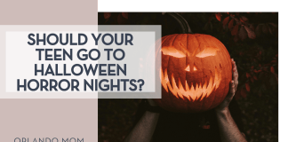 Rick Monteiro via Unsplash person holding a glowing carved pumpkin in front of their face "should your teen go to halloween horror nights?' on the left
