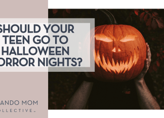 Should Your Teen Go to Halloween Horror Nights? Rick Monteiro via Unsplash person holding a glowing carved pumpkin in front of their face "should your teen go to halloween horror nights?' on the left
