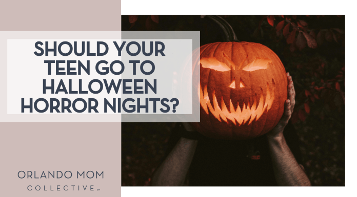 Should Your Teen Go to Halloween Horror Nights? Rick Monteiro via Unsplash person holding a glowing carved pumpkin in front of their face "should your teen go to halloween horror nights?' on the left