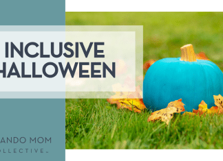 Inclusive Halloween Ideas for Families with Disabilities orlando mom collective graphic with the words "inclusive halloween" and a teal pumpkin in the grass.