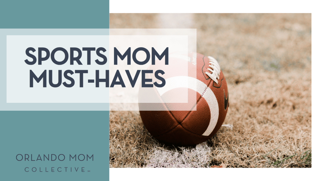 Sarah Elizabeth via Unsplash football on brown grass with 'Sports Mom Must-Haves' on the left