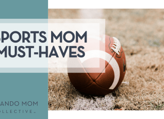 Sarah Elizabeth via Unsplash football on brown grass with 'Sports Mom Must-Haves' on the left