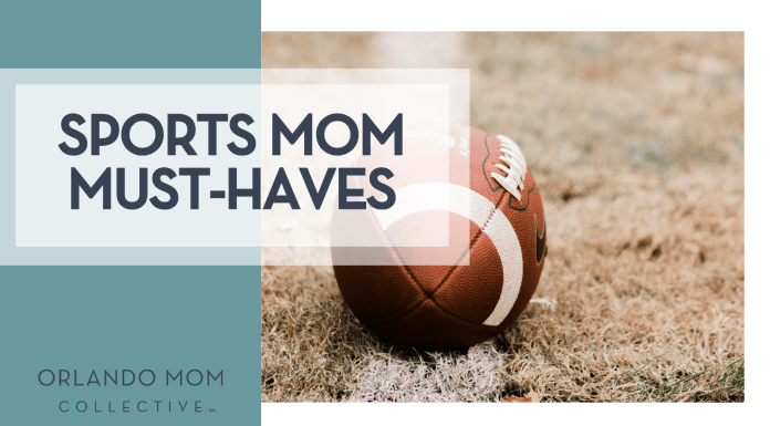 Sports Mom Must-Haves Sarah Elizabeth via Unsplash football on brown grass with 'Sports Mom Must-Haves' on the left