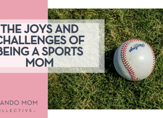 Mick Haupt via Unsplash baseball on green grass with 'The Joys and Challenges of Being a Sports Mom' on the left