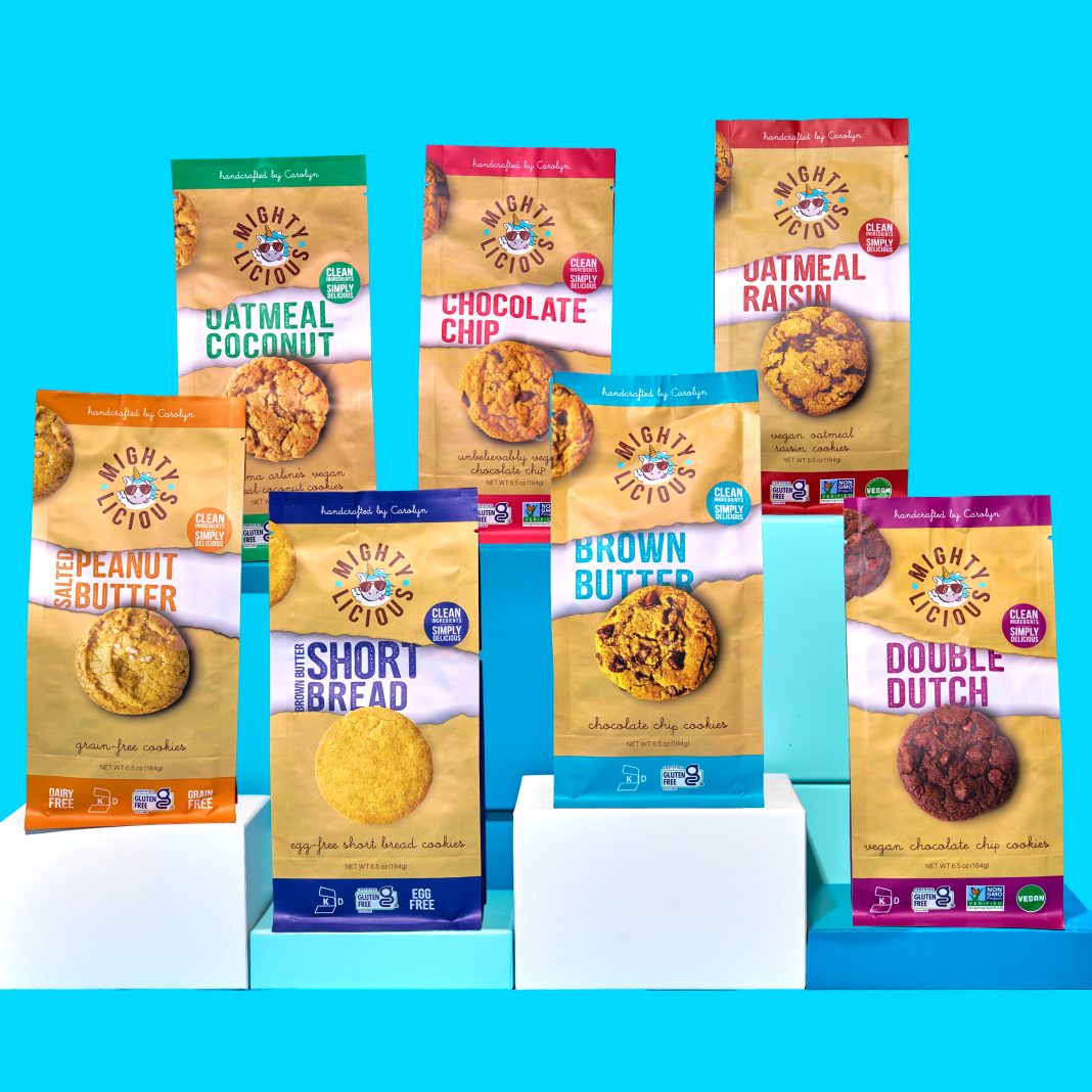 7 different cookie bags from mightylicious.com, oatmeal coconut, chocolate chip, oatmeal raisin, peanut butter, shortbread, brown sugar, double dutch