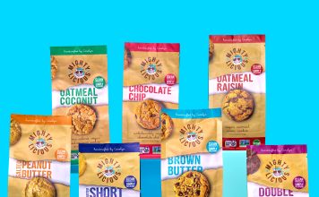 7 different cookie bags from mightylicious.com, oatmeal coconut, chocolate chip, oatmeal raisin, peanut butter, shortbread, brown sugar, double dutch