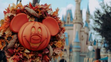 Aiden Craver via Unsplash mickey pumpkin wreath in Magic Kingdom with Cinderella Castle behind it