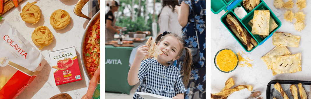 Three images showing accessible, family-friendly food: dry pasta from Colavita and tomato sauce ready for cooking, a young girl smiling while eating a handheld snack, and a lunchbox filled with pastry pockets and chips.