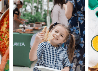 Colavita Presents Easy Back-to-School Dinners Three images showing accessible, family-friendly food: dry pasta from Colavita and tomato sauce ready for cooking, a young girl smiling while eating a handheld snack, and a lunchbox filled with pastry pockets and chips.