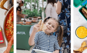 Three images showing accessible, family-friendly food: dry pasta from Colavita and tomato sauce ready for cooking, a young girl smiling while eating a handheld snack, and a lunchbox filled with pastry pockets and chips.