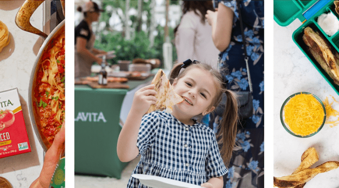 Colavita Presents Easy Back-to-School Dinners Three images showing accessible, family-friendly food: dry pasta from Colavita and tomato sauce ready for cooking, a young girl smiling while eating a handheld snack, and a lunchbox filled with pastry pockets and chips.