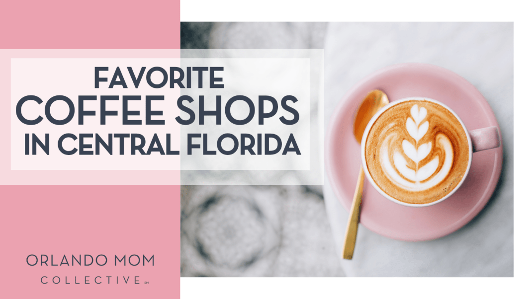 lattee art in a white mug on a pink saucer on a marble counter with 'Favorite Coffee Shops in Central Florida' on the left