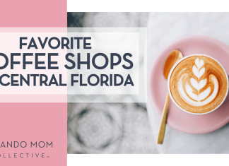 Favorite Coffee Shops in Central Florida lattee art in a white mug on a pink saucer on a marble counter with 'Favorite Coffee Shops in Central Florida' on the left