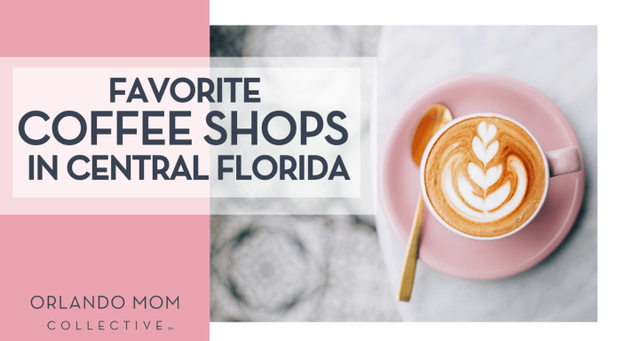 Favorite Coffee Shops in Central Florida lattee art in a white mug on a pink saucer on a marble counter with 'Favorite Coffee Shops in Central Florida' on the left