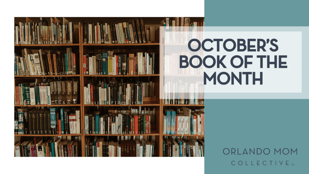 Trnava University via Unsplash library shelves full of books with "October's book of the month" on the right.