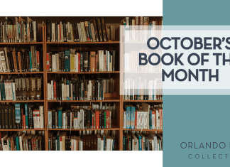 Orlando Mom Book Club: Book of the Month for October 2025 Trnava University via Unsplash library shelves full of books with "October's book of the month" on the right.