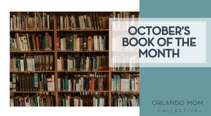 Orlando Mom Book Club: Book of the Month for October 2025 Trnava University via Unsplash library shelves full of books with "October's book of the month" on the right.