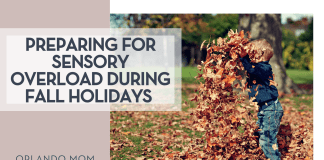 Scott Webb via Unsplash boy child with navy long shirt and jeans on throwing fall leaves in the air with 'preparing for sensory overload during fall holidays' on the left