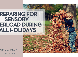 Preparing for Sensory Overload During Fall Holidays Scott Webb via Unsplash boy child with navy long shirt and jeans on throwing fall leaves in the air with 'preparing for sensory overload during fall holidays' on the left