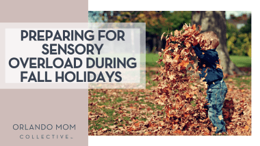 Scott Webb via Unsplash boy child with navy long shirt and jeans on throwing fall leaves in the air with 'preparing for sensory overload during fall holidays' on the left
