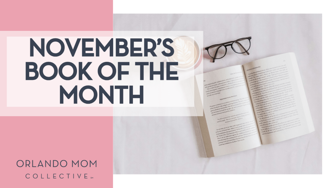 November’s book of the month Sincerely Media via Unsplash open book, black glasses and cup of coffee on a white blanket from the top with 'November’s book of the month' on the left