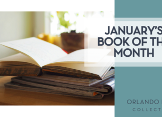 Orlando Mom Book Club: Book of the Month for January 2026 Fang Wei Lin via unsplash book open on a pile of books with a window and plant behind it with 'January's book of the month on the right'
