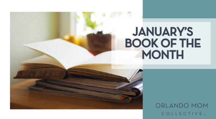 Orlando Mom Book Club: Book of the Month for January 2026 Fang Wei Lin via unsplash book open on a pile of books with a window and plant behind it with 'January's book of the month on the right'