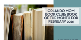 Syd Wachs via Unsplasd book pages with 'orlando mom book club: book of the month for February 2026' on the right