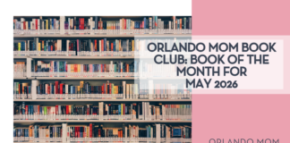 zaini izzuddin via Unsplash library shelves with 'Orlando mom book club: Book of the month for May 2026" on the right over pink