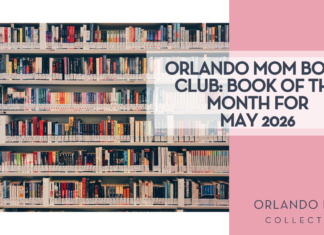 Orlando Mom Book Club: Book of the Month for May 2026 zaini izzuddin via Unsplash library shelves with 'Orlando mom book club: Book of the month for May 2026" on the right over pink
