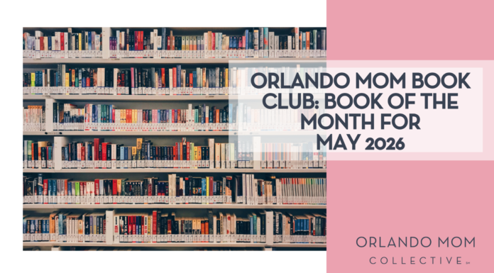 zaini izzuddin via Unsplash library shelves with 'Orlando mom book club: Book of the month for May 2026" on the right over pink