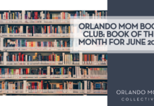 Orlando Mom Book Club: Book of the Month for June 2026 Zaini Izzuddin via Unsplash books on shelves with "Orlando Mom Book Club: Book of the Month for June 2026' on the right