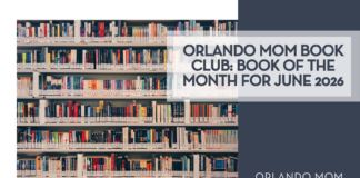 Zaini Izzuddin via Unsplash books on shelves with "Orlando Mom Book Club: Book of the Month for June 2026' on the right