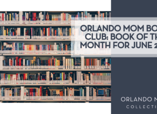 Orlando Mom Book Club: Book of the Month for June 2026 Zaini Izzuddin via Unsplash books on shelves with "Orlando Mom Book Club: Book of the Month for June 2026' on the right