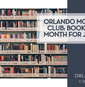 Zaini Izzuddin via Unsplash books on shelves with "Orlando Mom Book Club: Book of the Month for June 2026' on the right