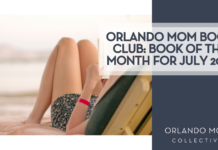 Orlando Mom Book Club: Book of the Month for July 2026 Kostiantyn Li via Unsplash - woman in a beach chair reading a book with ocean behind her with "Orlando Mom Book Club: Book of the Month for July 2026' on the right
