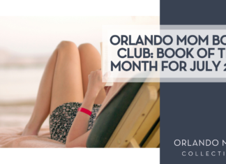 Kostiantyn Li via Unsplash - woman in a beach chair reading a book with ocean behind her with "Orlando Mom Book Club: Book of the Month for July 2026' on the right